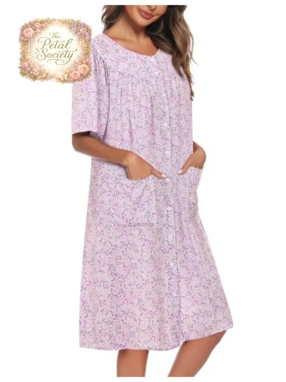Women's Cotton House Dress Button Down Sleepshirt with Pockets
